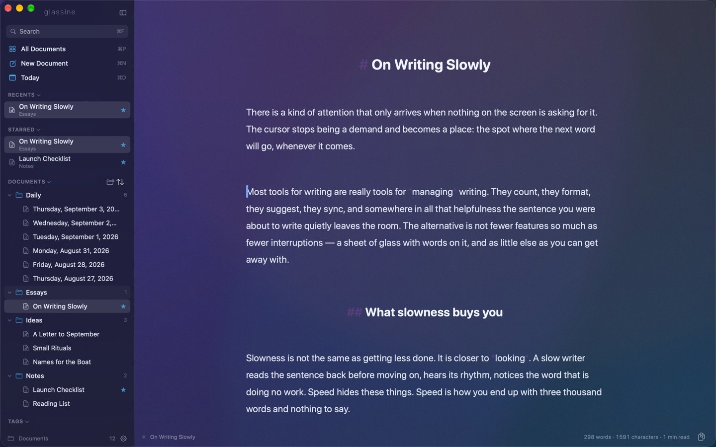 An essay open on a sheet of dark glass, with the library in a sidebar on the left