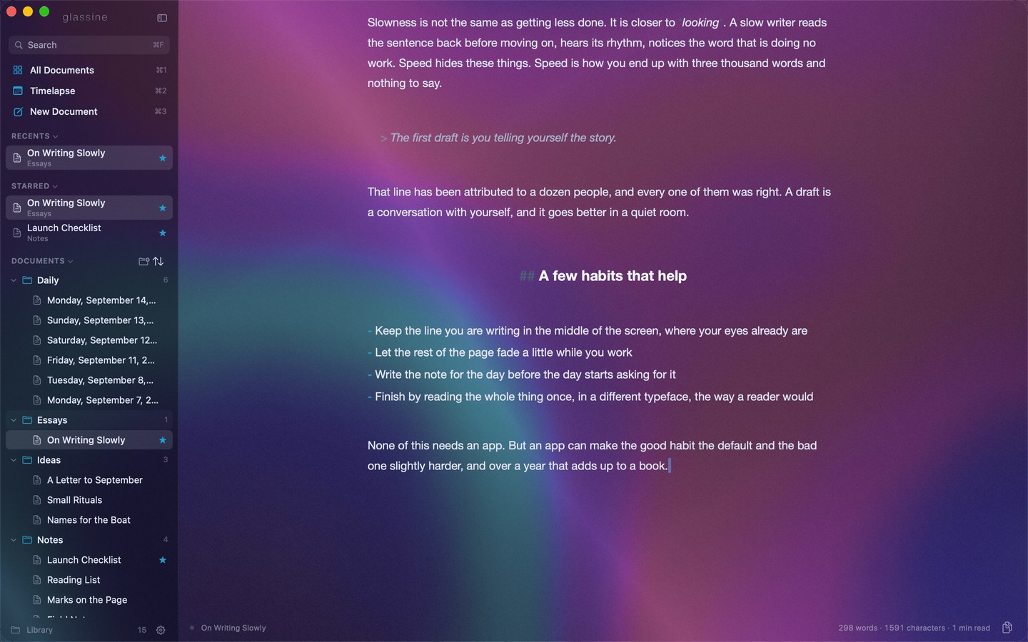The editor with the sidebar open: an essay on a sheet of dark glass, the paragraph being written lit and the rest stepped back