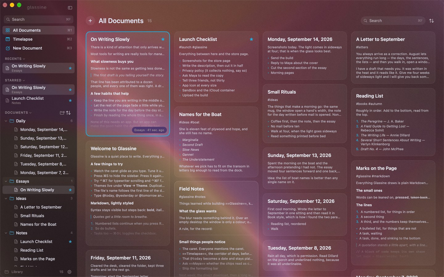 All Documents, the library as a wall of cards with live previews, over a warm backdrop