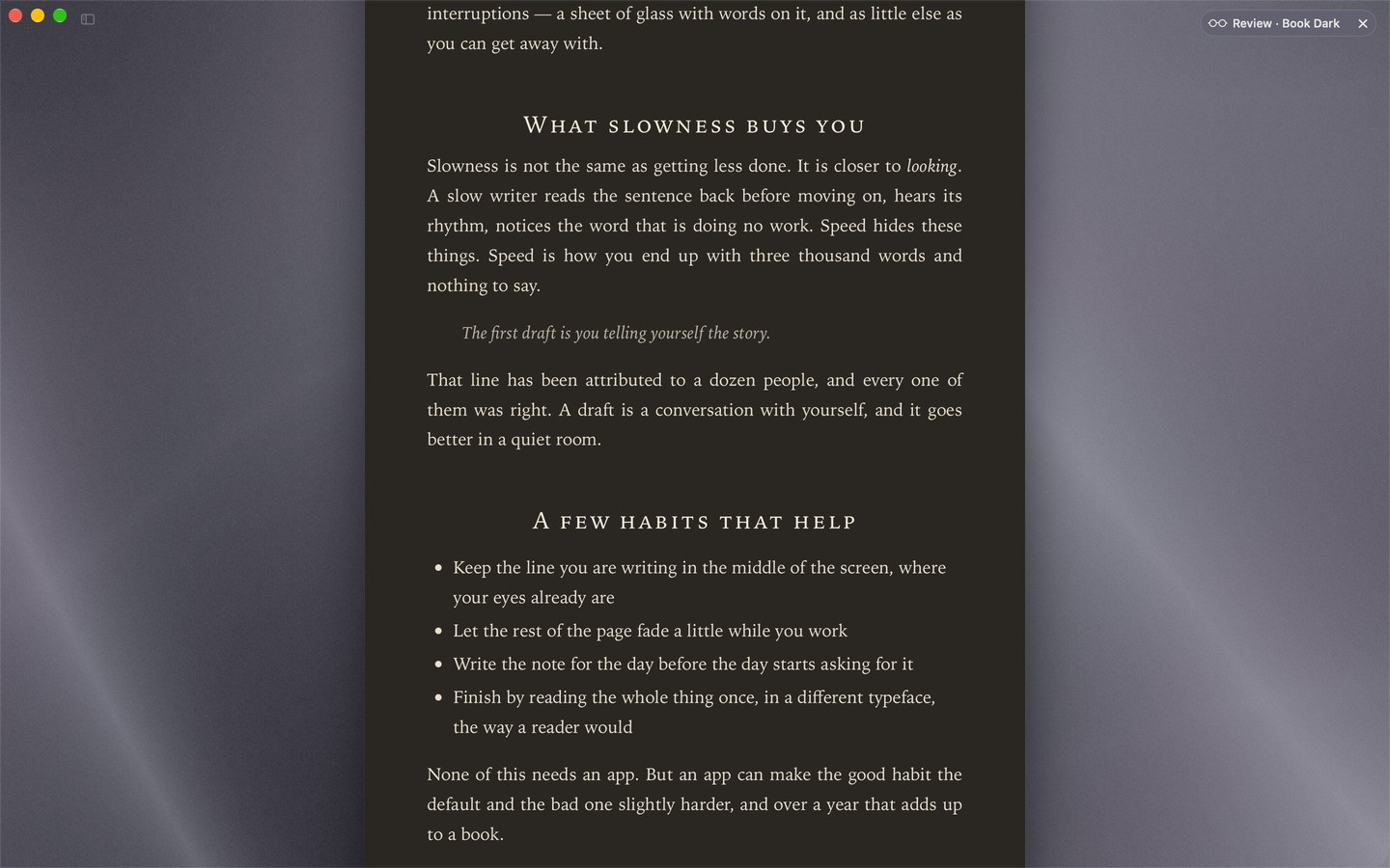 Review in the Book style, dark: the essay set as a finished page, over the Graphite backdrop